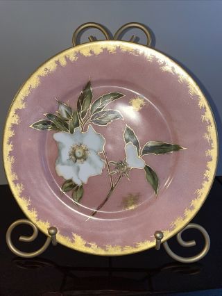 Antique H & C France Limoges Hand Painted Flowers Pink Plate Gold Rim 9.  5”