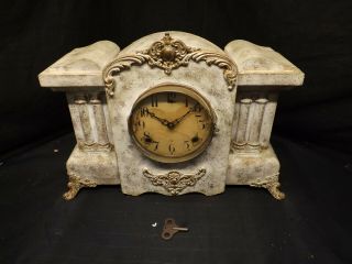 Antique Gilbert Adamantine Mantle Clock W/ Key Clock And Chimes Work - A9