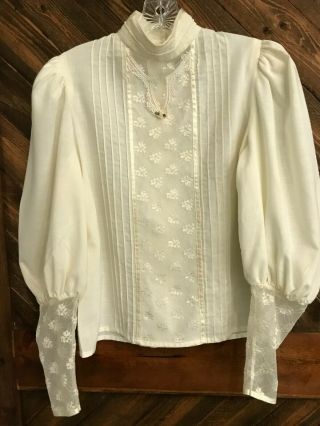 Vtg Gunne Sax? Blouse Prairie Boho Victorian Style Lace Top Beaded Embroidered