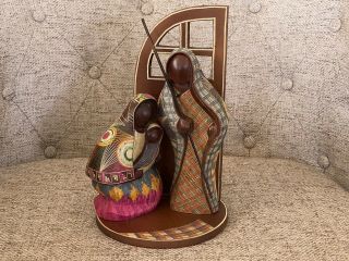 Vintage Wood Holy Family Nativity Scene With Colorful Straw Art Detail