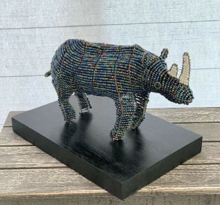 Rhino African Beaded Wire Animal Sculpture Figurine Tribal Art On Stand