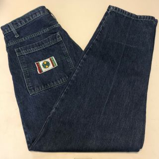 Vtg 90’s Cross Colours Mens 34 32 Blue Ink Baggy Jeans Usa Green Stitching