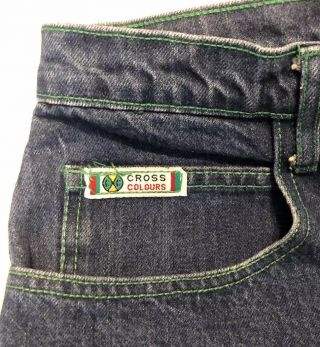 Vtg 90’s Cross Colours Mens 34 32 Blue INK Baggy Jeans USA Green Stitching 3