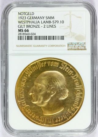 1923 Germany Westphalia 5 Million Mark Gilt Bronze Coin Ngc Ms 66 - Lamb - 579.  10