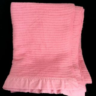 Vintage Pink Waffle Weave Acrylic Blanket Nylon Trim Binding Twin 72 " X 90 "