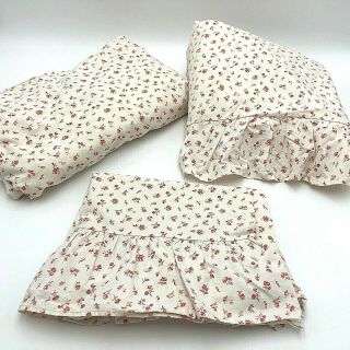 Vintage Ralph Lauren White Floral Twin Sheet Set Fit Flat Pillowcase Usa Red