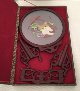 Vintage Chinese Silk Double Sided Cat Embroidery W/ Wood Stand & Case