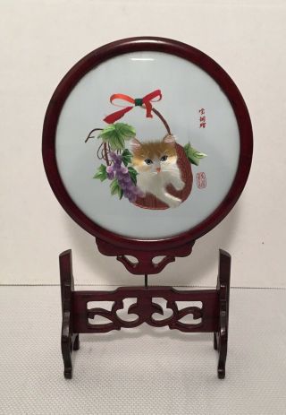 Vintage Chinese Silk Double Sided Cat Embroidery w/ Wood Stand & Case 2