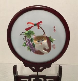 Vintage Chinese Silk Double Sided Cat Embroidery w/ Wood Stand & Case 3