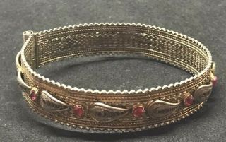 Antique Victorian Gold Filled Filigree With Red Stones Glass Bangle Bracelet.