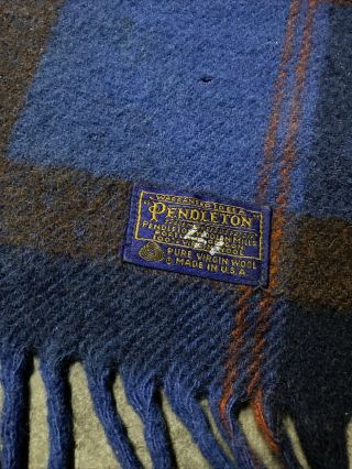 VTG Pendleton Virgin Wool Blanket Blue Navy Red Brown Plaid 52x70 Throw HOLES 2