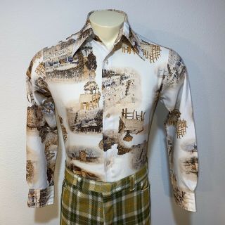 Vtg 60s 70s Chemise Et Cie Disco Shirt Polyester Ugly All Over Print Mens Medium