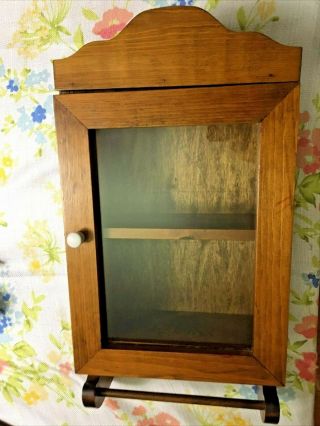 Vintage Small Wood Cabinet Glass Door And Towel Rod