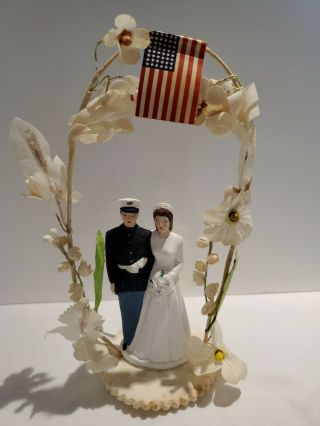 Vtg 1950 Pfeil Holing Wedding Cake Topper Chalkware Marine Military Groom Bride
