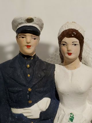 VTG 1950 Pfeil Holing Wedding Cake Topper Chalkware Marine Military Groom Bride 3