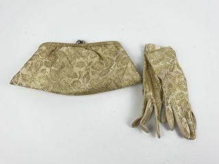Vtg 50s Gold Metallic Leaf Embroidered Clutch Evening Purse Bag With Gloves Sz S