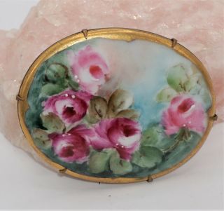 Lg Antique Victorian Hand Painted Porcelain Pin Brooch Pink Roses Flowers (a)