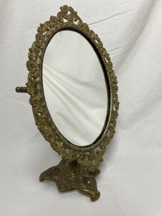 Vintage Ornate Brass Vanity/dresser Swivel Tilt One - Sided Mirror