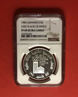 Lebanon - 10 Livres Silver Proof Coin,  Winter Olympic 1980,  Graded By Ngc Ucam.  Rare