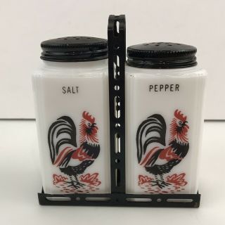 Vintage Tipp City Milk Glass Rooster Salt And Pepper Shakers In Black Caddy