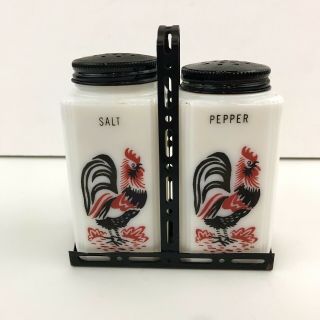Vintage Tipp City milk glass Rooster Salt And Pepper Shakers In Black Caddy 2