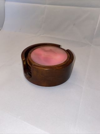 Vintage Brazil Wood And Pink Agate Geode Stone Coaster Set Of 4 With Holder