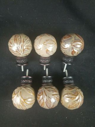 Set Of 6 Round Heavy Duty Curtain Rod End Cap Finials Glazed Brown Tones Leaves