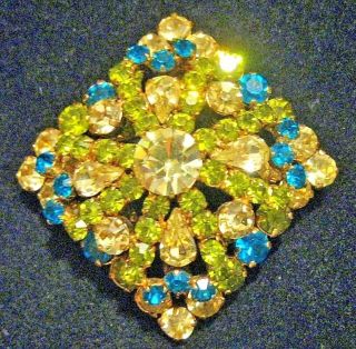 Vintage Large Austrian Crystal Rhinestone Multicolor Gold Tone Brooch Pin