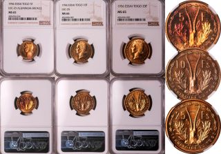 Ngc Ms - 65/66/65 Togo Set 3 Coins: 5 - 10 - 25 Francs 1956 (essai) 10f Top Pop 4/0