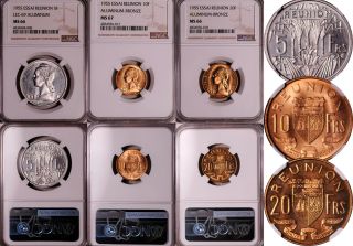 Ngc Ms - 66/67/66 Reunion Set 3 Coins: 5 - 10 - 20 Francs 1955 (essai) 5f Top Pop 3/0