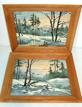 Pair Vintage Paint By Number Paintings Matching Winter Scenes Stream Trees 12x16