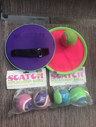 Vintage 1990s Scatch Ball Toss Catch Game Sticky Hook & Loop Pink Purple Green