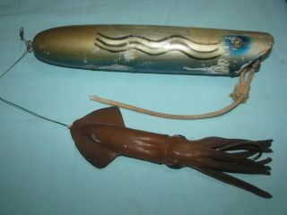 Vintage Wood Fishing Lure Unmarked 11 1/4 " Long W/squid -