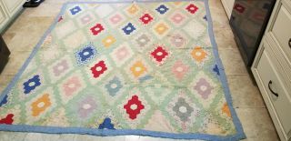 Vintage Well Lived Hand And Machine Sewn Quilt 75 X 70
