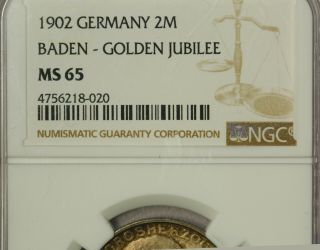 GERMANY 2 MARK 1902 BADEN NGC MS65 GOLDEN JUBILEE AWESOME COLOUR 3