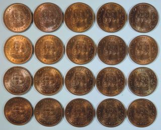 Roll Of 20 1957 South Africa Elizabeth Ii One Penny 1d Coin Red Gem Bu Unc