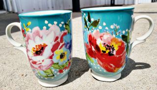 Set Of 2 The Pioneer Woman 18oz Teal Floral Melody Mug Stoneware Coffee Tea Cup