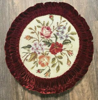 Vtg Round Pillow Needlepoint Embroidery Velvet Ruffled Edge Roses 17.  5 " Diameter