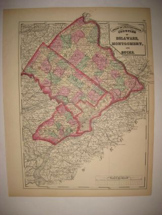 Antique 1872 Delaware Montgomery Bucks County Philadelphia Pennsylvania Map Rare
