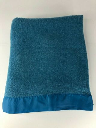 Vintage Wool Satin Trim Blanket 65 X 76 Blue