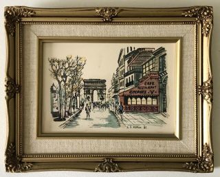 Vintage Signed Peron Watercolor Print Arc De Triomphe Paris Street Scene Framed
