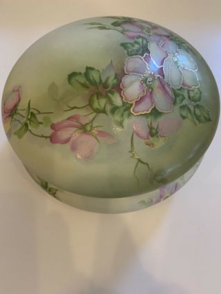 Antique Large Porcelain Powder Box Gold Trimmed Hand Painted Pink Flowers Marked
