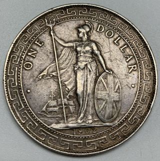 1902 B Hong Kong Great Britain Trade Dollar Vf/xf Detail 90 Silver Coin Bombay