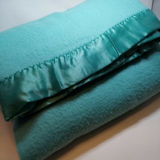 Vintage Nylon Trim Acrylic Twin Blanket Teal Green Usa