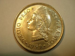 Dominican Republic Silver 1/2 Peso 1959 Unc