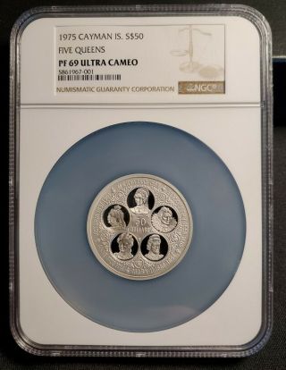 1975 Cayman Islands $50 Sterling Silver Coin - Five Queens - Ngc Pf 69 Ultra Cameo