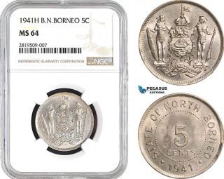 Ab660,  British North Borneo,  5 Cents 1941 - H,  Heaton,  Ngc Ms64