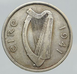 1941 Ireland Horse Lyre Harp Vintage Silver 1/2 Crown Irish Coin I91692