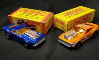 Matchbox Mustang Piston Popper X2 Pair Sunkist Orange Soda Blue Nm W/box