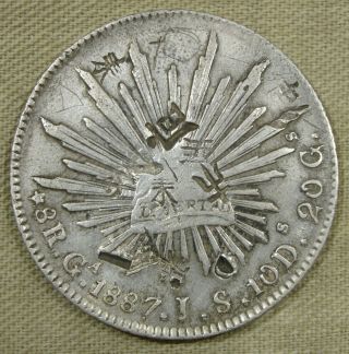 1887 Gajs Mexico 8 Reales Large Silver Coin With Chinese Chop Marks Hg - 174